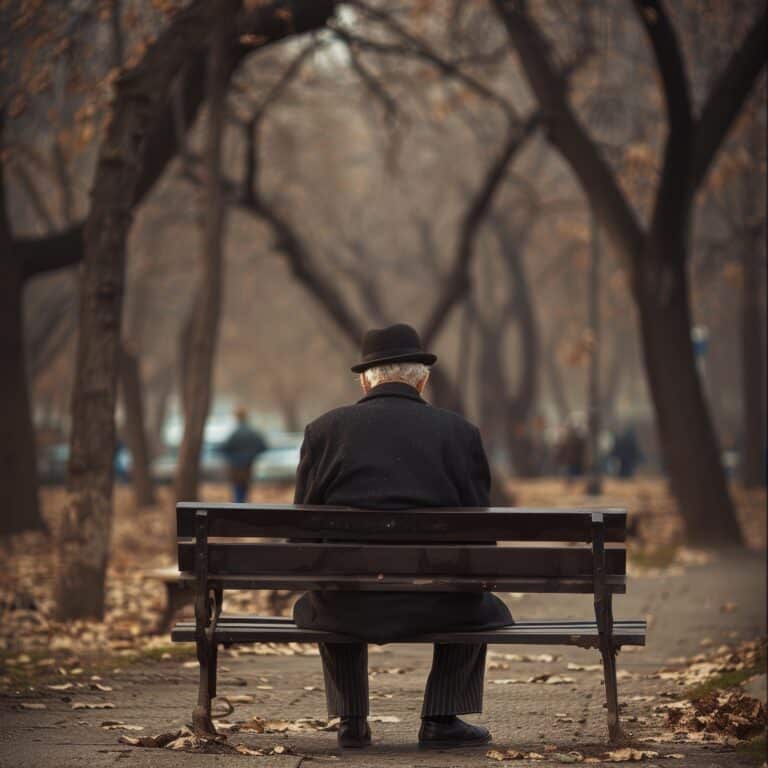 An elderly person sits alone on a park bench, their dark coat and hat reminiscent of days gone by. The park is lined with leafless trees, covered in fallen leaves, as they ponder the absence of a beloved spouse, creating a serene, nostalgic atmosphere under the cloudy sky.