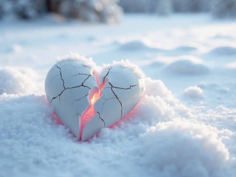 A cracked white heart partly buried in snow glows softly with pink light, symbolizing the fragility of emotions during Divorce Month. Its multiple fractures reflect the rawness of what to do during divorce, set against a pristine winter backdrop.