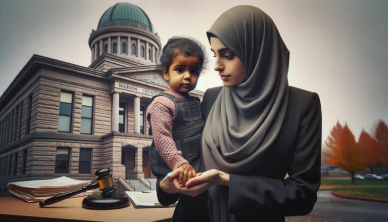 A woman in a hijab holds a young child outside a courthouse building, with a gavel, legal documents, and autumn trees visible in the scene.