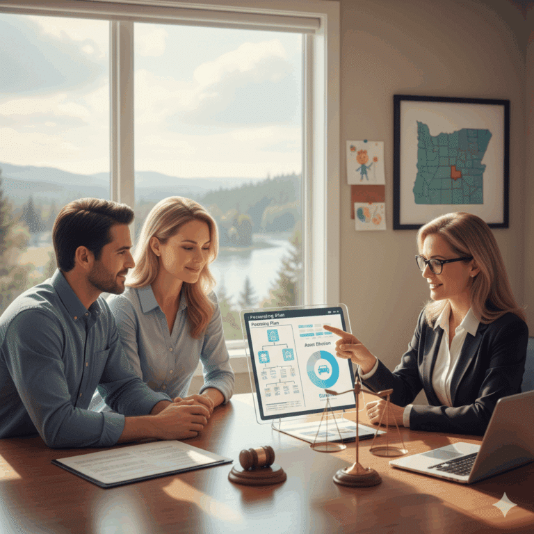 A financial advisor discusses insurance options with a smiling couple in a bright office, displaying charts on a tablet. The office has large windows, a scenic view, and a framed map on the wall.