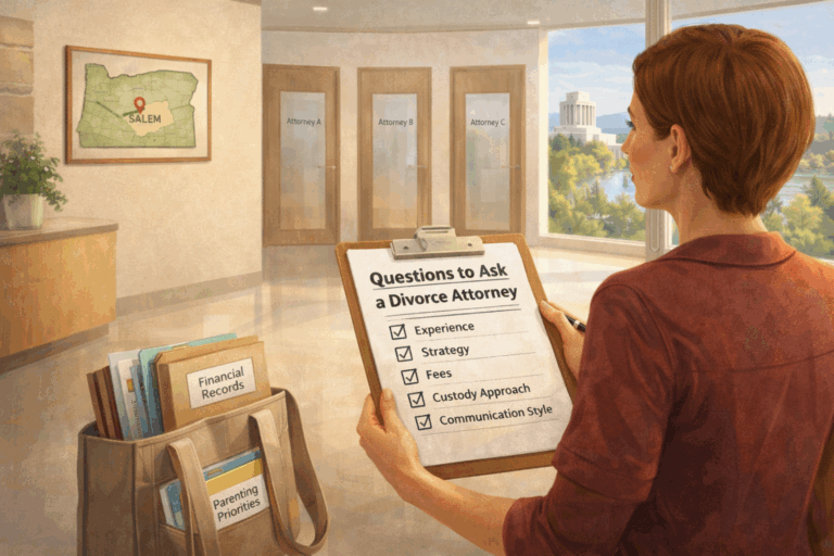 A woman holding a clipboard with a checklist titled “Questions to Ask a Divorce Attorney” stands in an office lobby. A bag beside her holds folders labeled “Financial Records” and “Parenting Priorities.”.