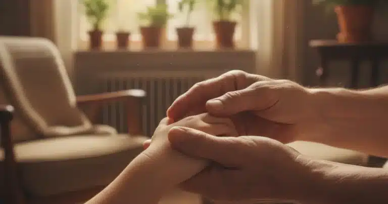 Photorealistic image of an older pair of loving hands gently holding the small hands of a young child in a warm, sunlit home