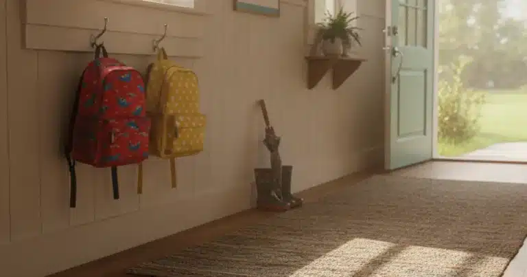Photorealistic image: two small children's backpacks hanging on hooks near a bright front door, warm natural light streaming