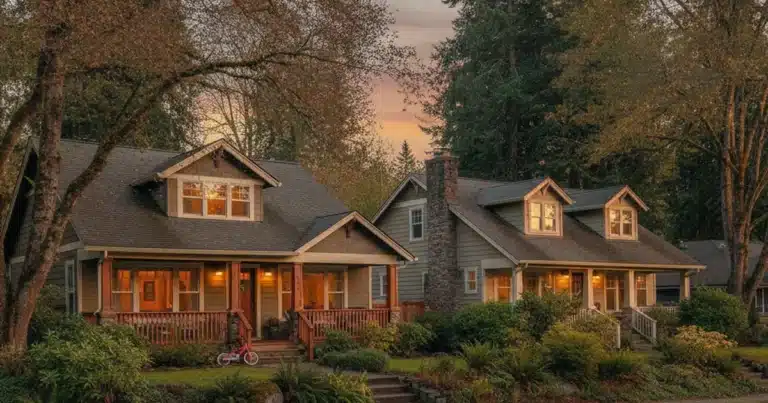 Photorealistic image: two separate cozy family homes side by side on a quiet tree-lined salem oregon suburban street at golde
