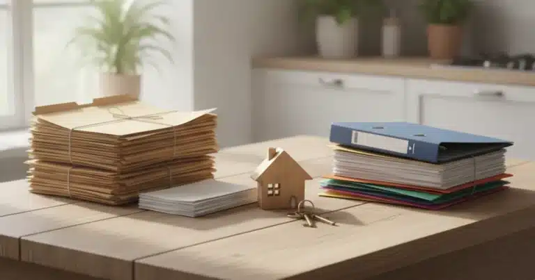 Photorealistic image of a wooden kitchen table with two separate stacks of neatly organized documents and folders on each sid