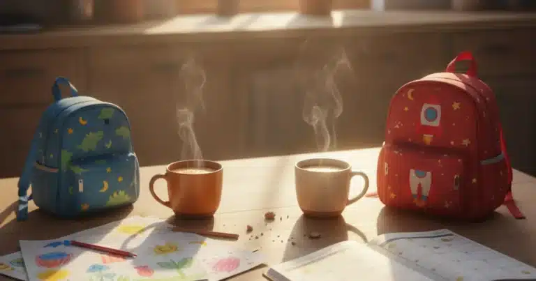 Photorealistic image of a sunny kitchen table with two small backpacks, children's drawings, a weekly calendar planner, and t