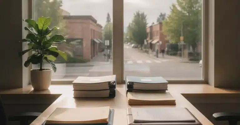 Photorealistic image of a clean, modern law office desk with neatly organized legal documents, a pen, and a small potted plan