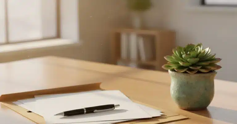 Photorealistic image: A clean wooden desk with a manila legal folder, a pen, and a small potted succulent plant in soft natur