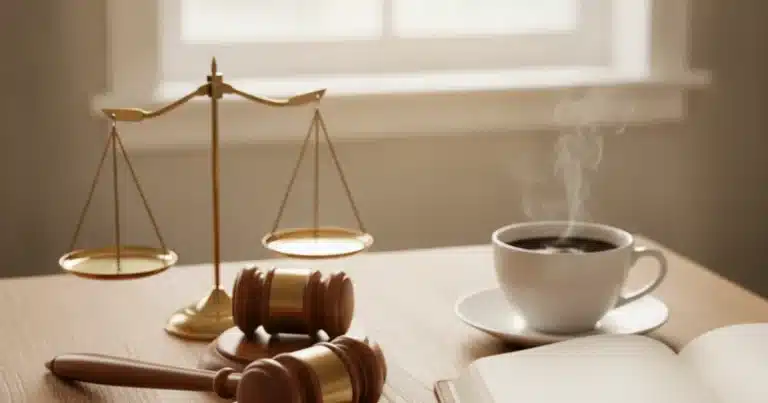 Photorealistic image of two wooden gavels and a simple scales of justice on a warm wooden desk beside a open notebook and a c