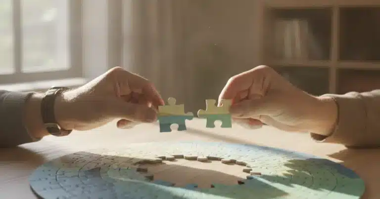 Photorealistic image of two adult hands placing puzzle pieces together on a light wooden table, with soft natural light comin
