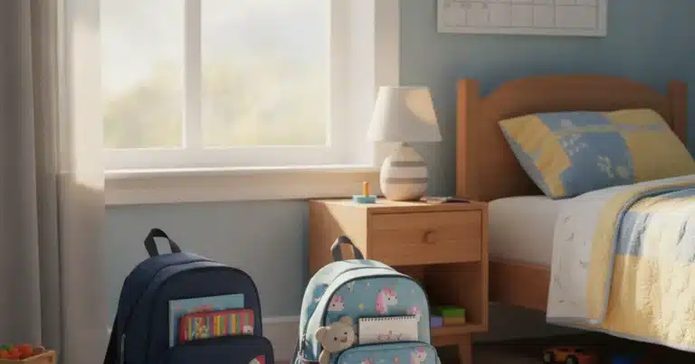 Photorealistic image of a child's bedroom with two open backpacks sitting side by side near a window with soft afternoon ligh