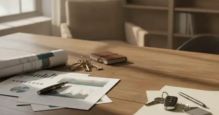 Photorealistic image: a wooden desk with scattered financial documents, a pen, and two sets of keys on opposite sides of the