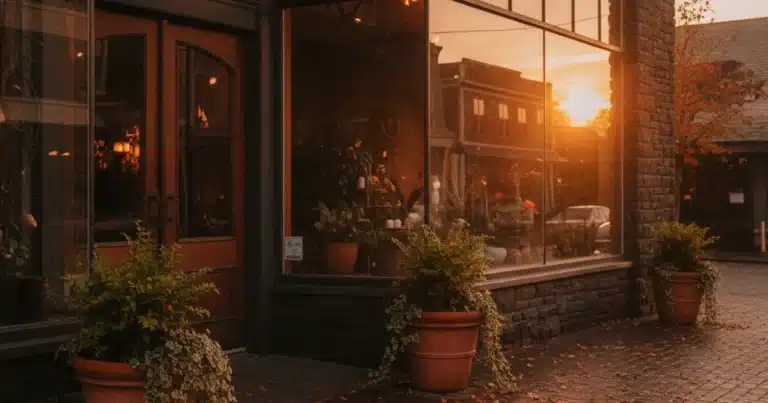 Photorealistic image of a small business storefront on a quiet Pacific Northwest main street during golden hour, with warm li