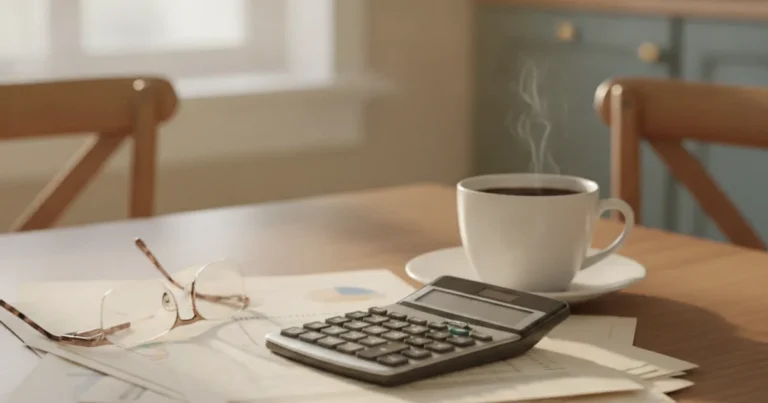 Photorealistic image of a quiet kitchen table with a cup of coffee, financial documents, a calculator, and reading glasses re
