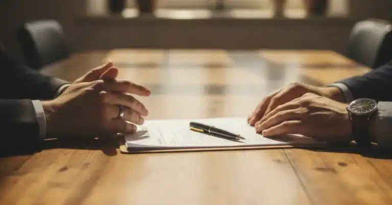 Blog 3 Photorealistic image of two pairs of hands resting on a wooden table next to legal documents and a pen, soft natural window l