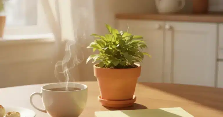 Blog 5 Photorealistic image of a warm, sunlit kitchen table with a small potted plant, a steaming cup of tea, and a blank legal note