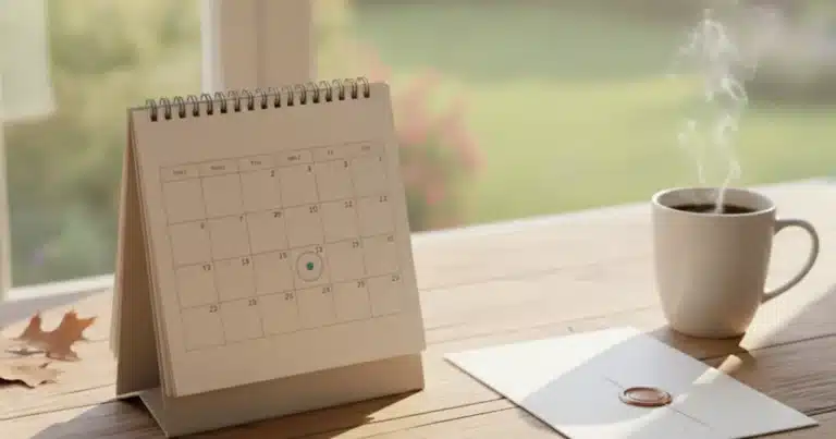 Blog 1 Photorealistic image of a calm, sunlit wooden desk with a simple calendar open to a marked date, a neatly folded document bes