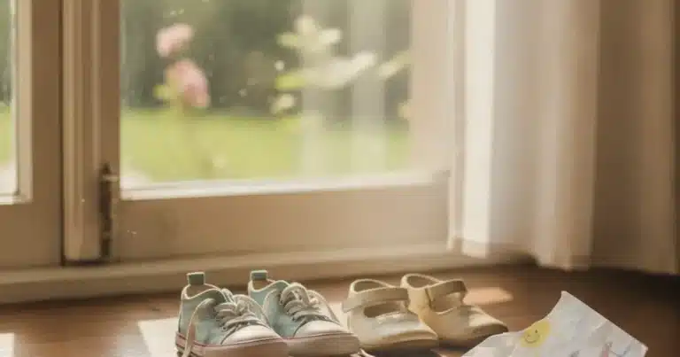 Blog 2 Photorealistic image of two small pairs of children's shoes sitting on a wooden floor beside a sunny window, with soft warm l