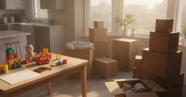 Blog 6 Photorealistic image of packed moving boxes near a sunny window with children's toys and a parenting schedule calendar visibl
